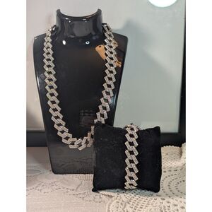 Iced Out Silver Cuban Link Chain Necklace & Bracelet Set Bling